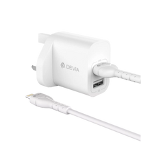 Load image into Gallery viewer, Devia 2.4A Dual USB Plug &amp; Lightning Charging Cable Set White