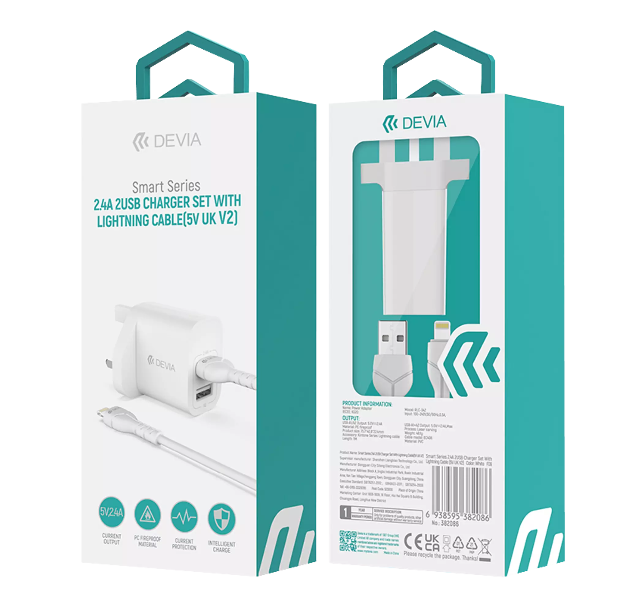 Devia 2.4A Dual USB Plug & Lightning Charging Cable Set White - Bedfordshire Phone Sales