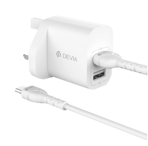 Devia 2.4A Dual USB Plug & USB C Charging Cable Set White