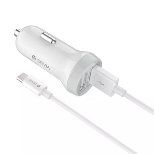 Devia Dual USB Port Car Adapter & 1m USB-C Cable White - Bedfordshire Phone Sales